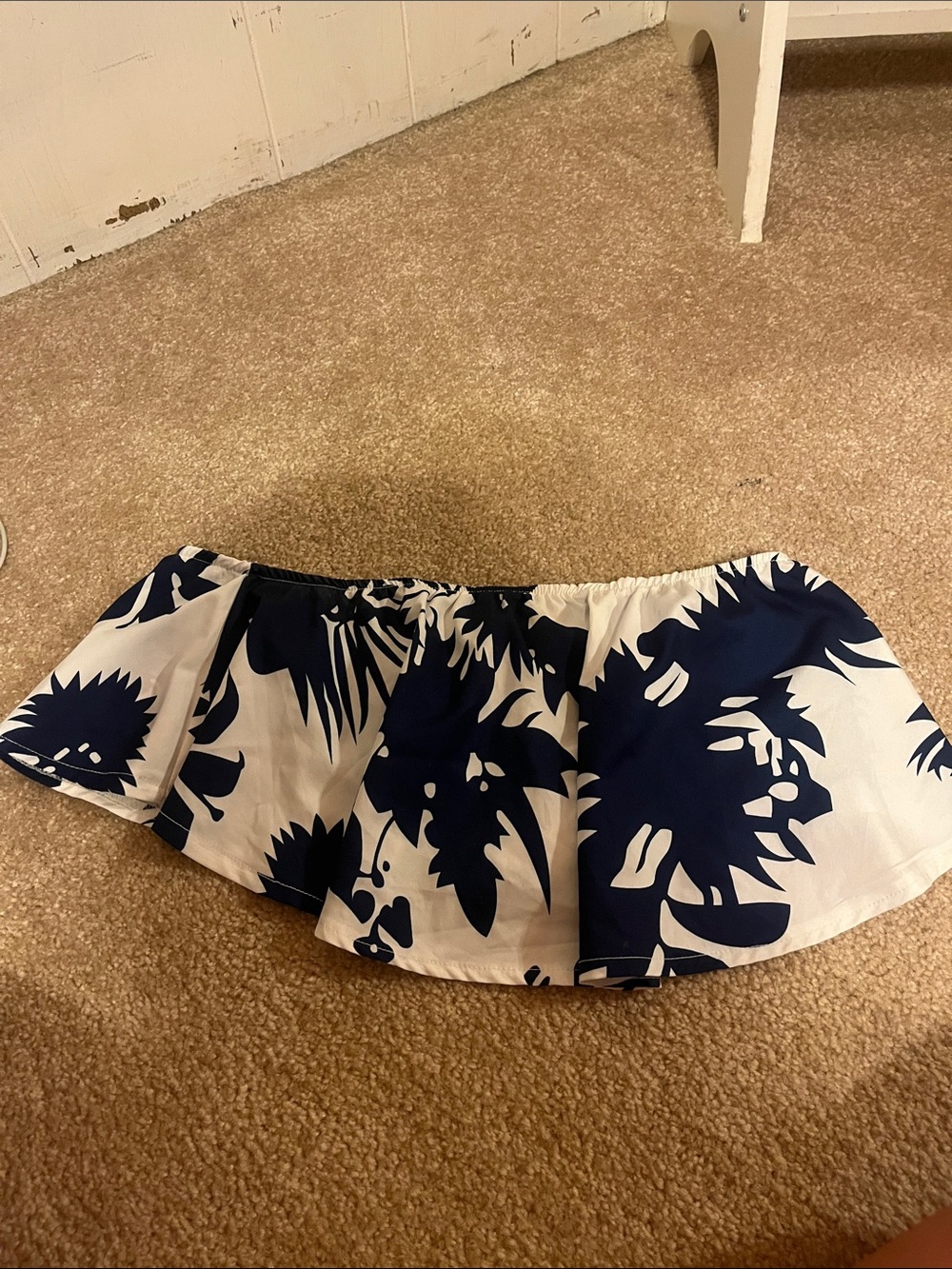 Navy and White Floral Off-Shoulder Ruffle Top
